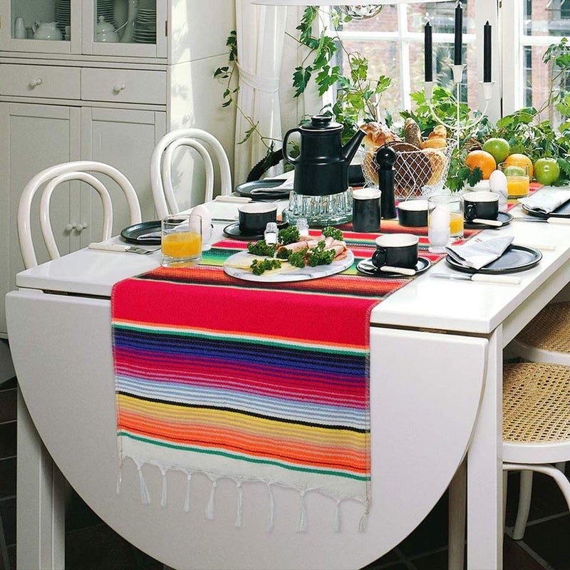 Fowecelt Mexican Serape Table Runner 14 x 84 Inch for Mexican Party Wedding Decorations Outdoor Picnics Dining Table, Fringe Cotton Handwoven Table Runners - Image 5
